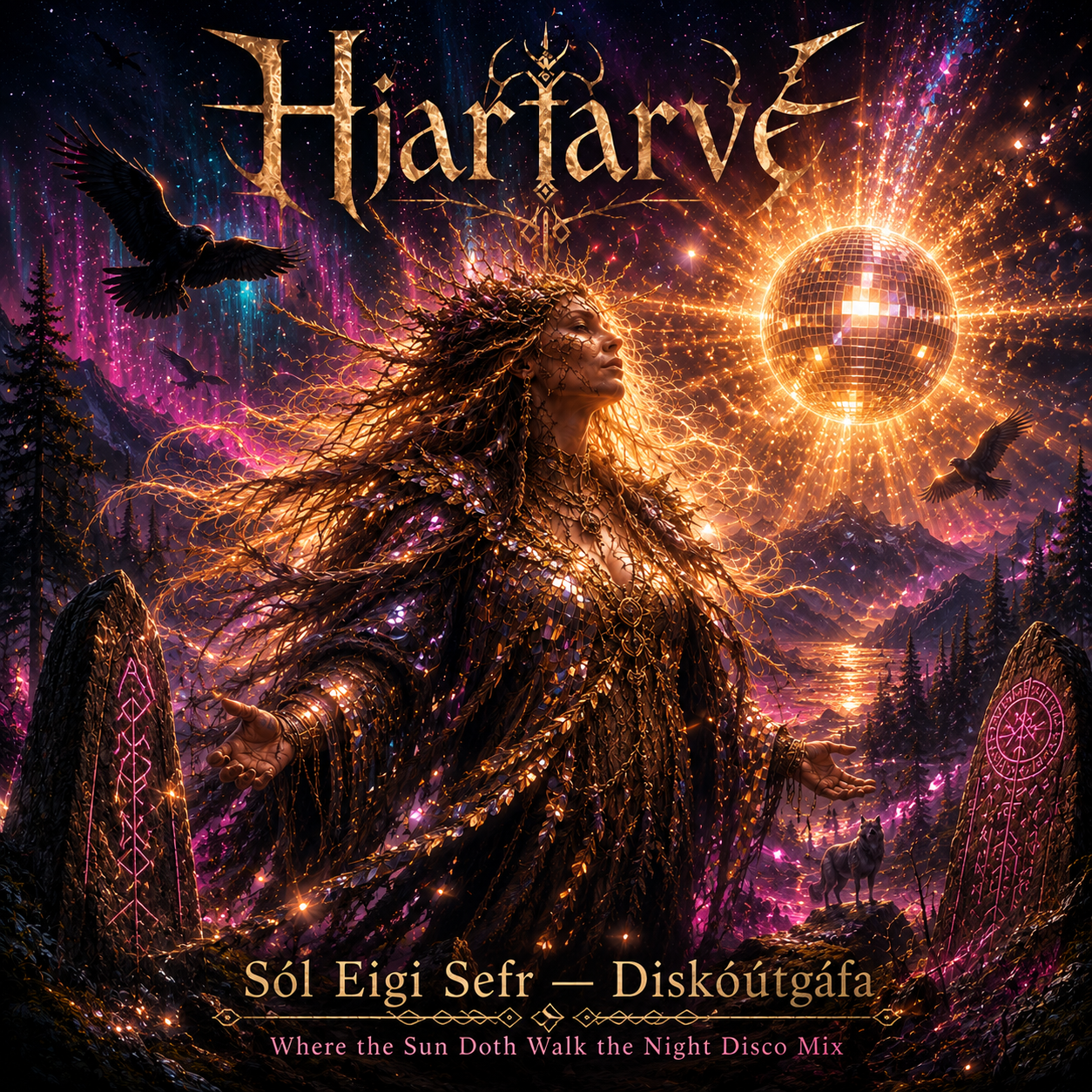 Sól Eigi Sefr — Diskóútgáfa (Where the Sun Doth Walk the Night Disco Mix) — Hjartarvé. The same sun-priestess beneath a violet aurora, the golden sun now a radiant mirror-ball spilling light across glowing rune-stones and pines, ravens wheeling through a star-strewn, sparkling sky.